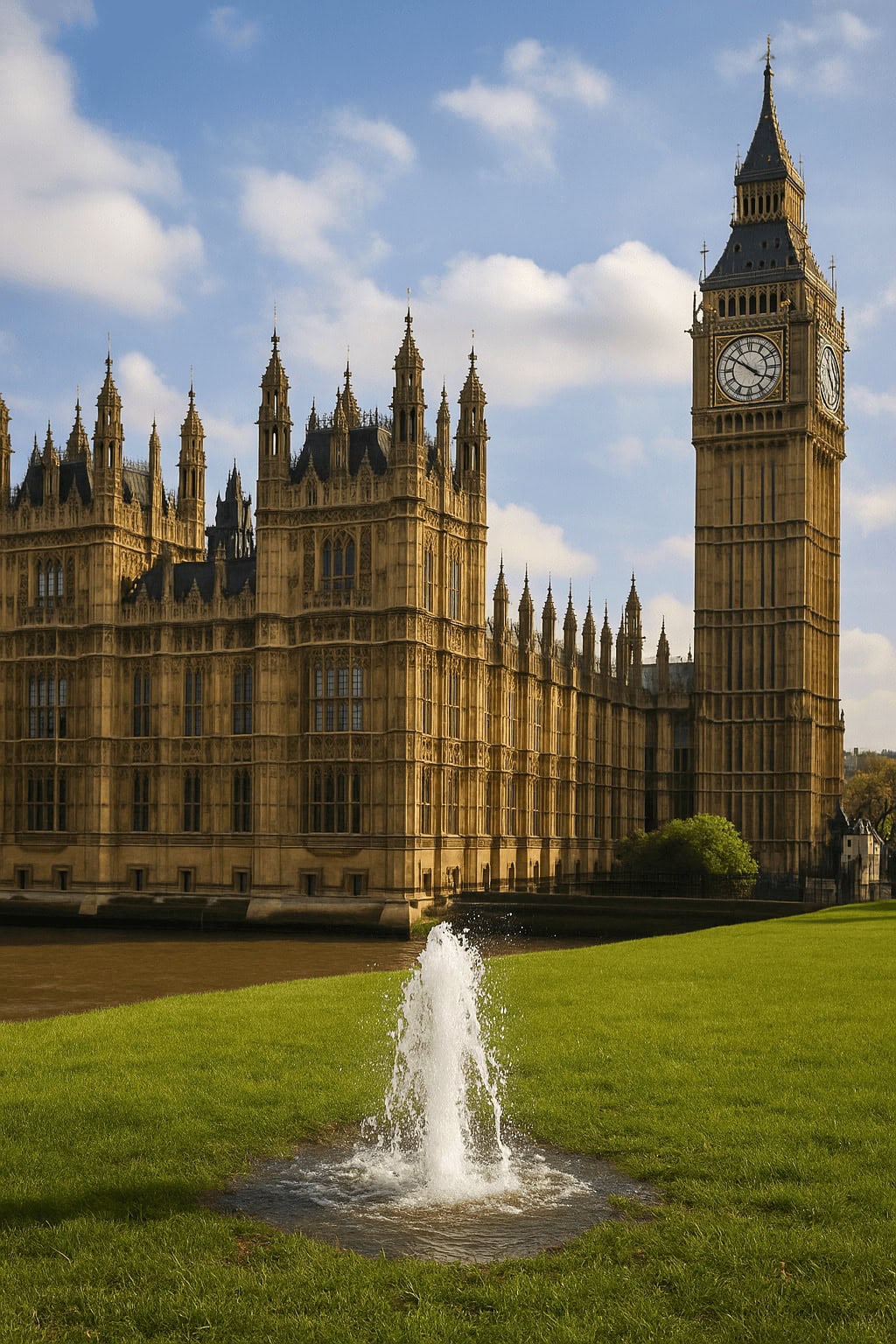Water main leak erupting on grass beside the Houses of Parliament and Big Ben in London