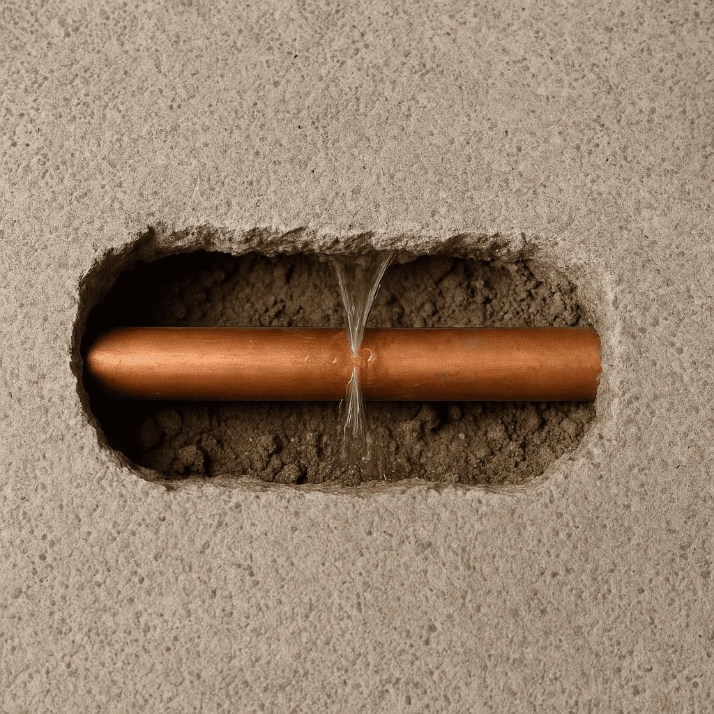 Copper pipe leaking beneath a concrete floor with water spraying through a damaged section of pipe
