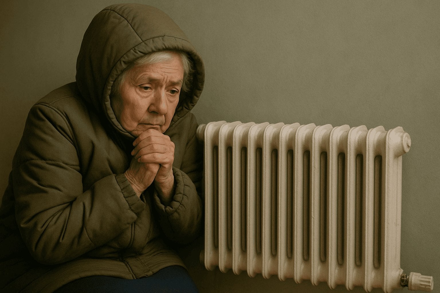 Elderly homeowner in winter coat sitting beside cold radiator with heating problem