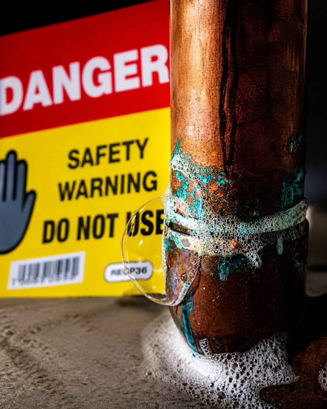 Gas leak detected using leak detection fluid on a copper pipe joint.
